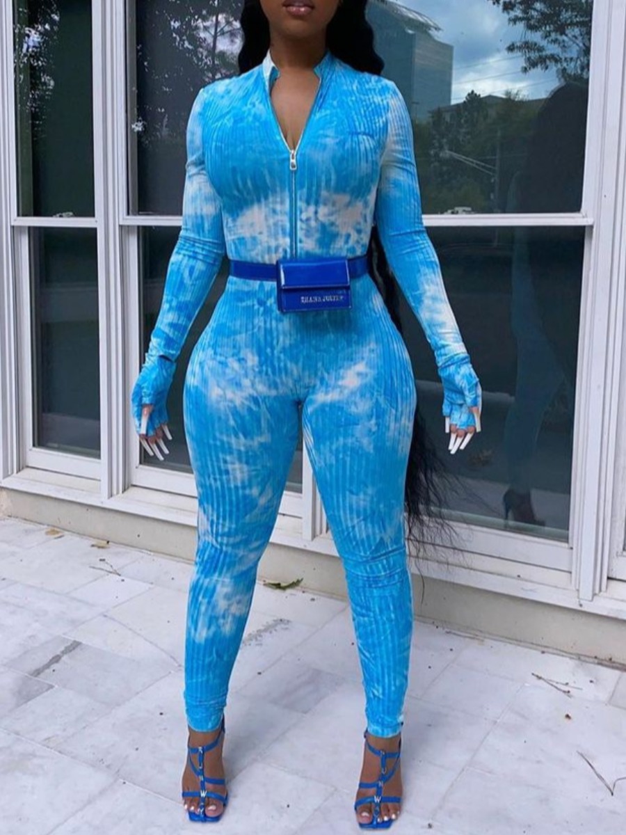

lovely Trendy Zipper Design Tie-dye Blue One-piece Jumpsuit