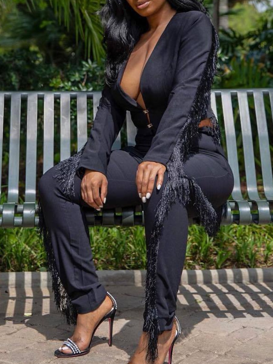 

lovely Trendy Tassel Design Black Two Piece Pants Set