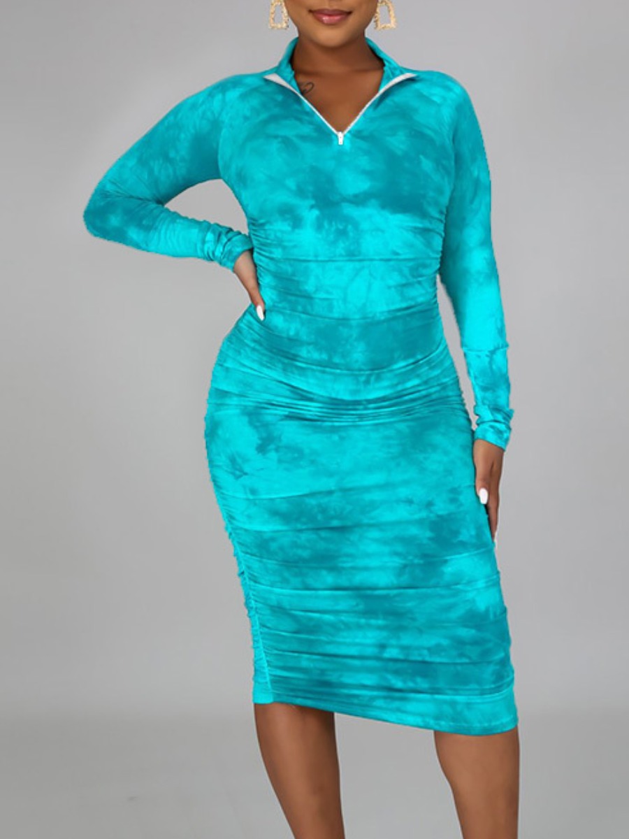 

lovely Stylish Tie-dye Skinny Blue Knee Length Dress