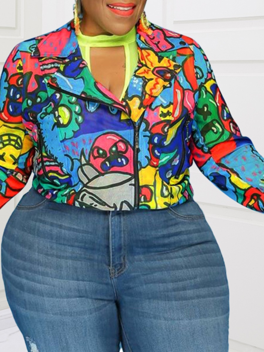 

lovely Trendy Turndown Collar Cartoon Print Multicolor Plus Size Jacket, Multi