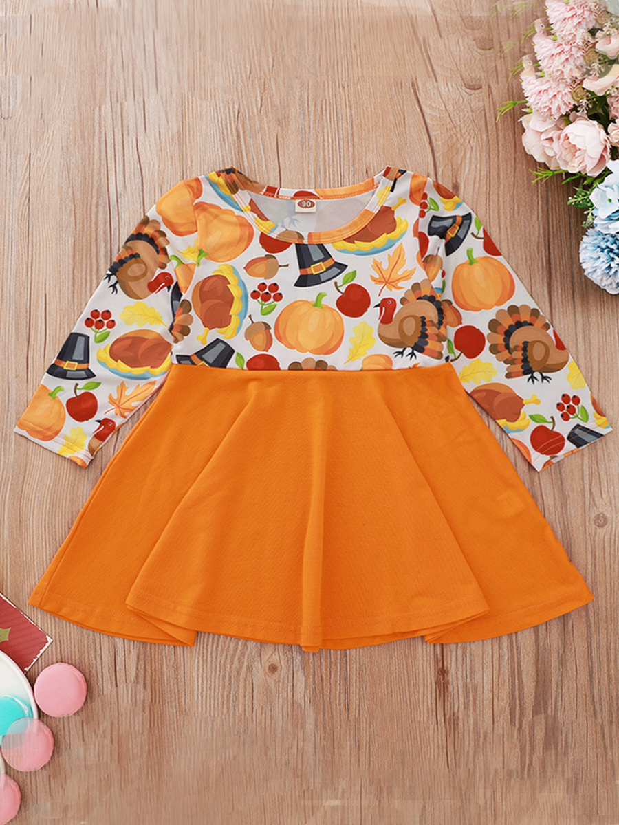 

lovely Casual O Neck Print Patchwork Orange Girl Knee Length Dress