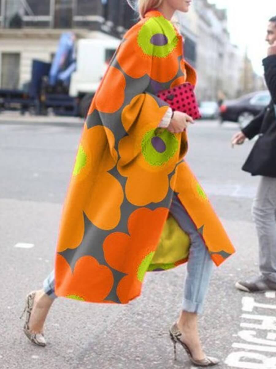 

Lovely Trendy Turndown Collar Print Yellow Long Plus Size Trench Coats