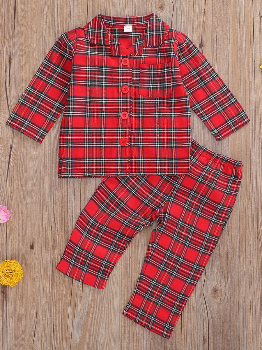 

lovely Stylish Turndown Collar Grid Print Red Girl Two-piece Pants Set