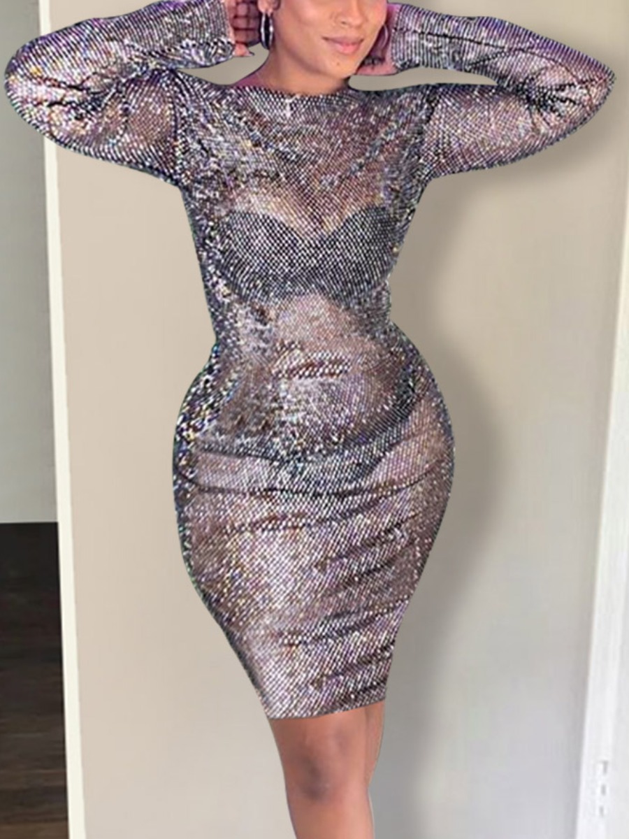 

lovely Sexy O Neck See-through Silver Knee Length Dress