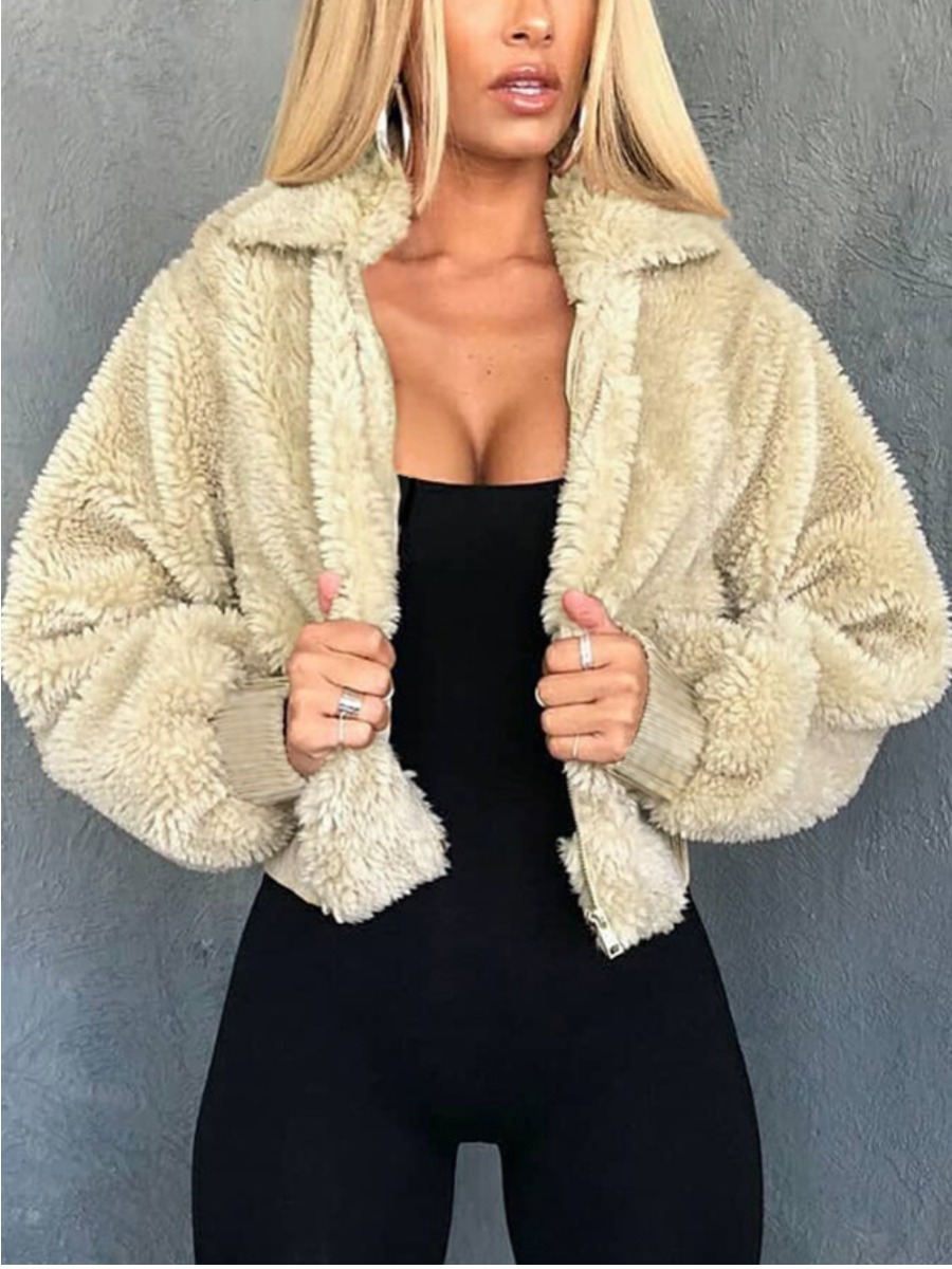

lovely Stylish Turndown Collar Zipper Design Apricot Coat
