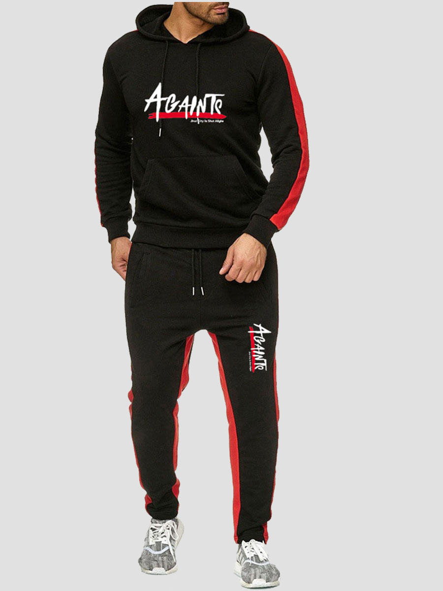 

lovely Sportswear Hooded Collar Letter Print Black Men Two-piece Pants Set