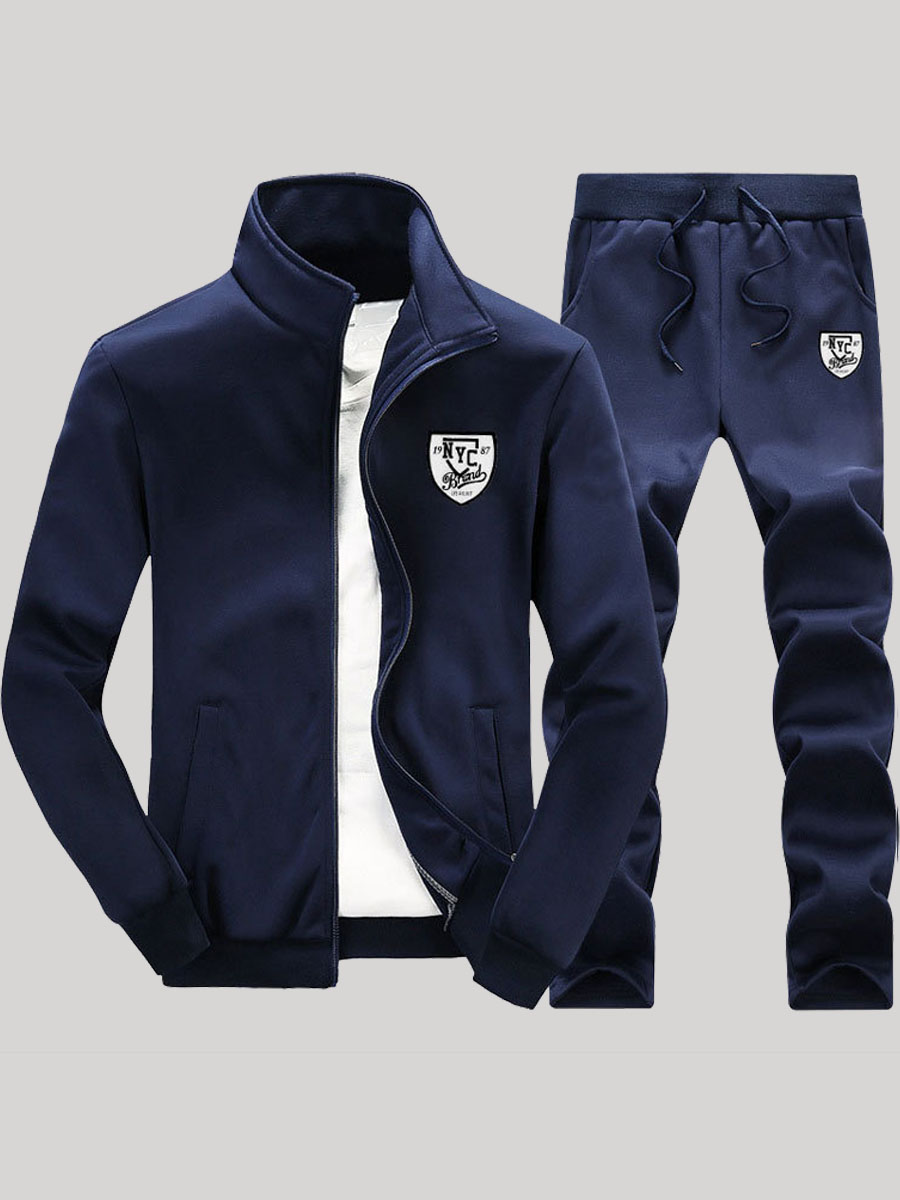 

lovely Sportswear Zipper Design Deep Blue Men Two-piece Pants Set