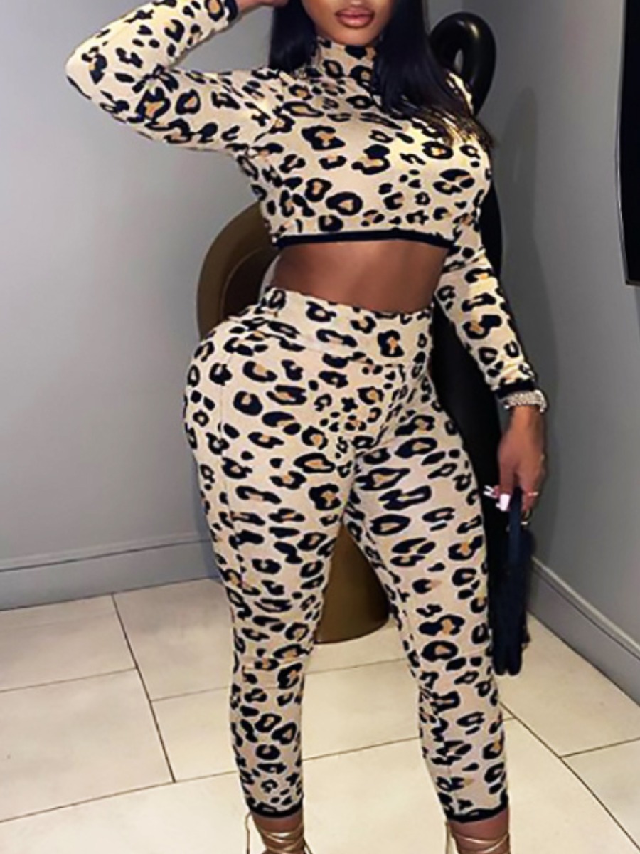 

lovely Trendy Turtleneck Leopard Print Beige Two Piece Pants Set