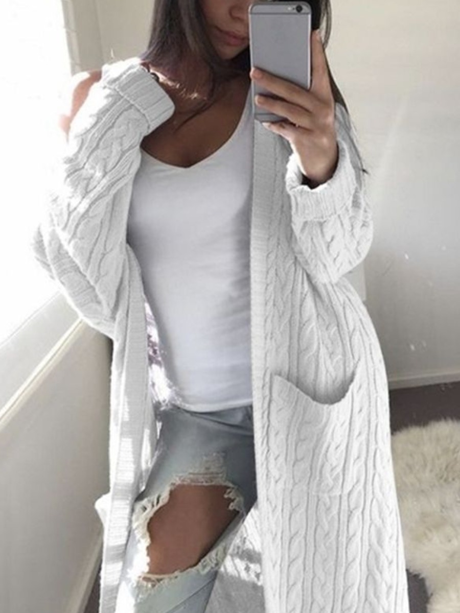 

lovely Casual Pocket Patched White Plus Size Coat