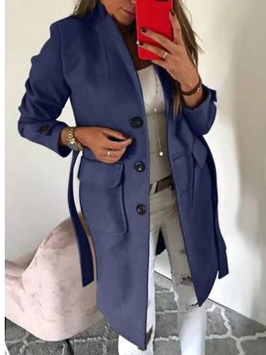 

Lovely Stylish Turndown Collar Buttons Design Blue Plus Size Trench Coat