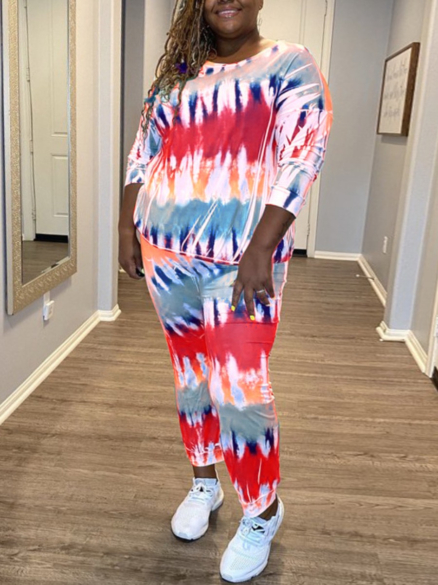 

lovely Casual O Neck Tie-dye Red Plus Size Two-piece Pants Set