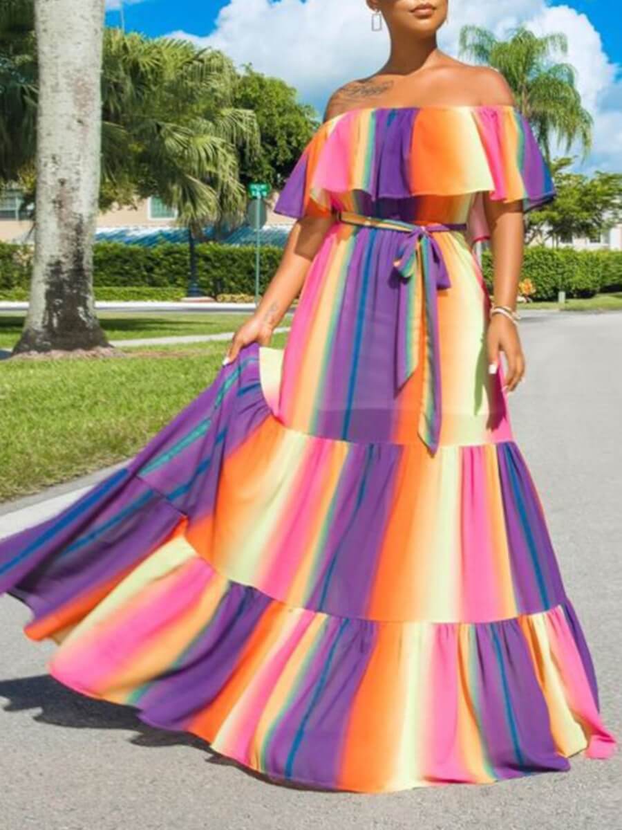 

Lovely Bohemian Rainbow Striped Multicolor Maxi Dress, Multi