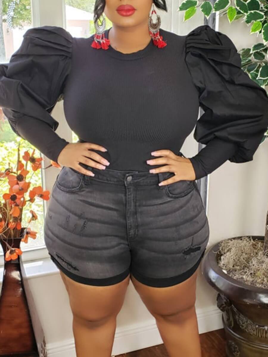

Lovely Trendy O Neck Patchwork Black Plus Size Blouse