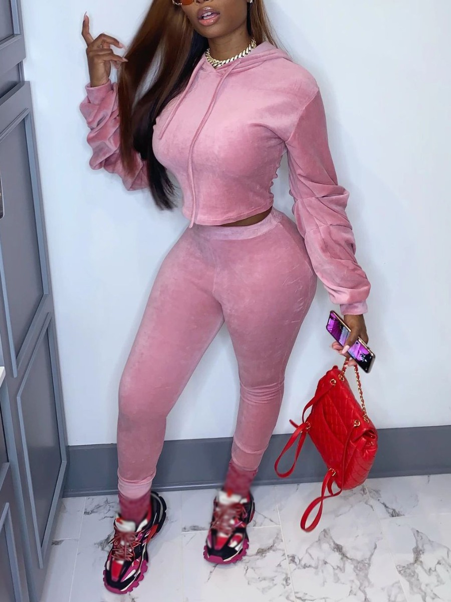 

lovely Sportswear Hooded Collar Skinny Pink Two Piece Pants Set