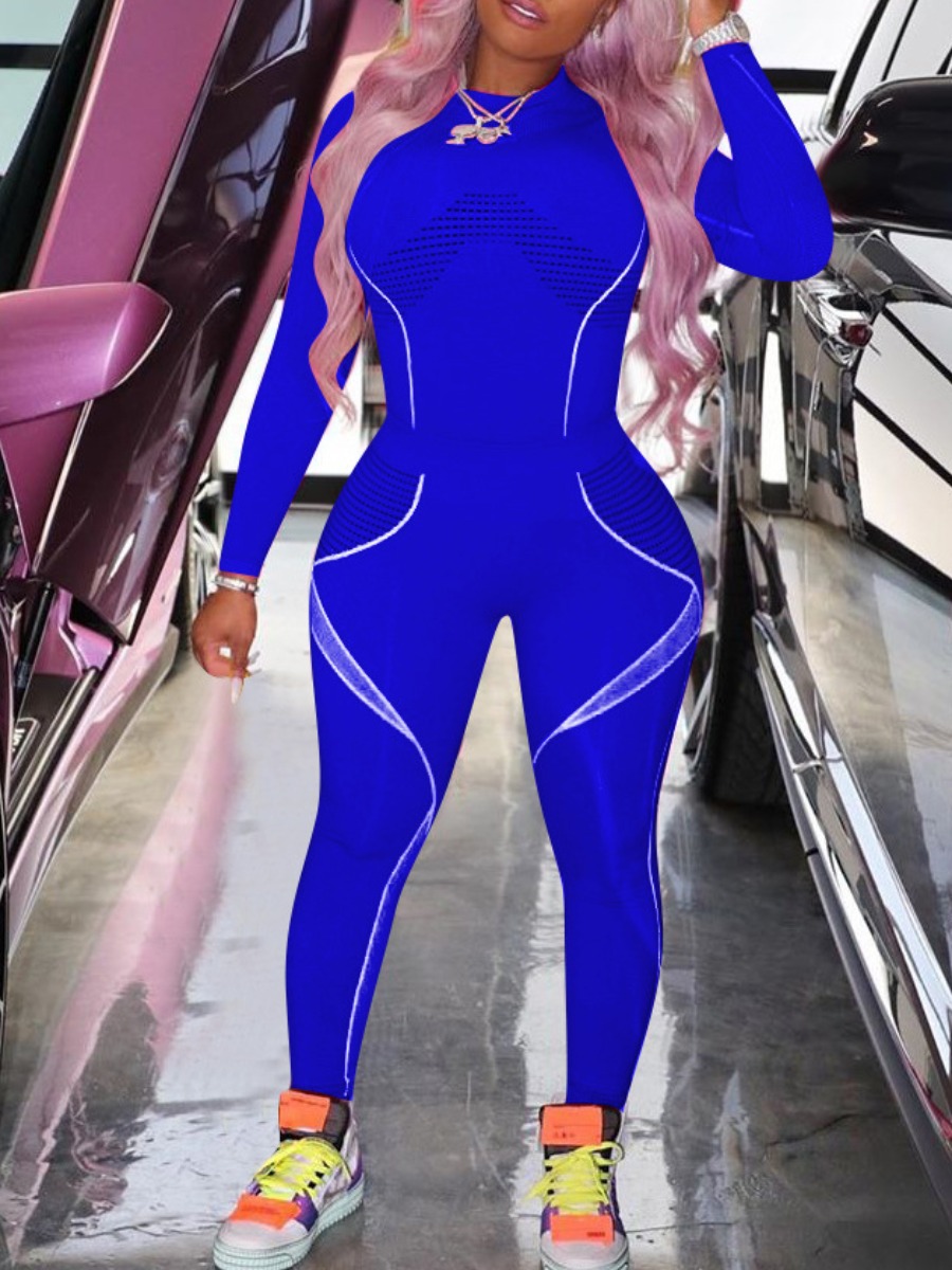 

Lovely Sportswear O Neck Patchwork Blue Two Piece Pants Set