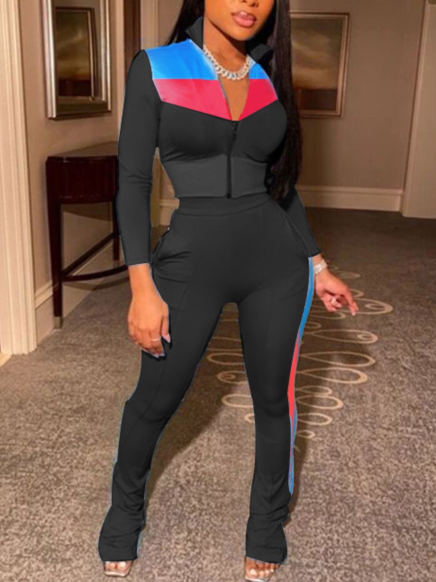 

lovely Sportswear Turndown Collar Patchwork Black Two Piece Pants Set