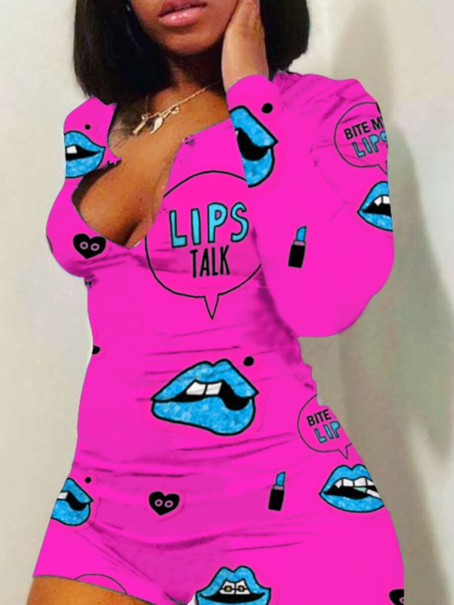 

Lovely Trendy Lip Print Rose Red Sleepwear