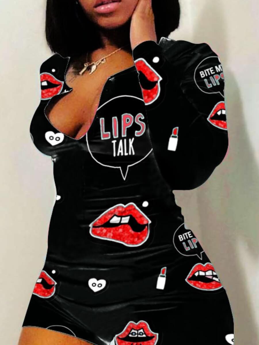 

Lovely Trendy Lip Print Black Sleepwear