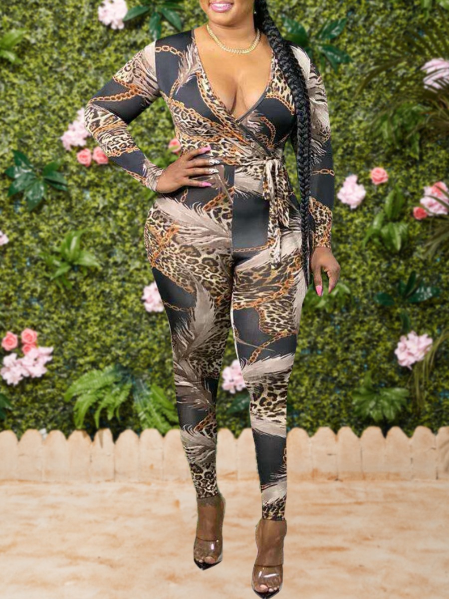

Lovely Trendy V Neck Versace Print Black Plus Size One-piece Jumpsuit