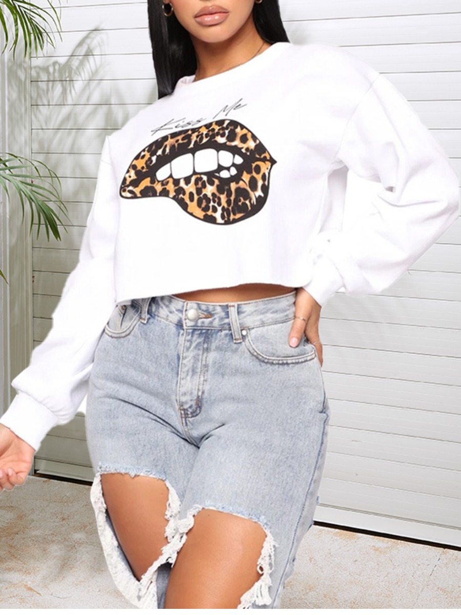 

lovely Sportswear O Neck Lip Print White Hoodie