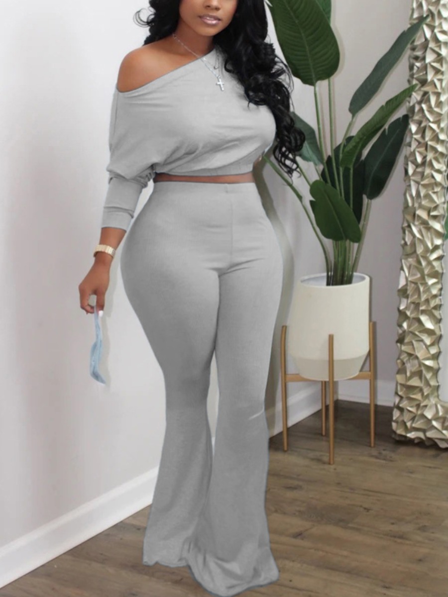 

lovely Casual O Neck Flared Grey Plus Size Two-piece Pants Set