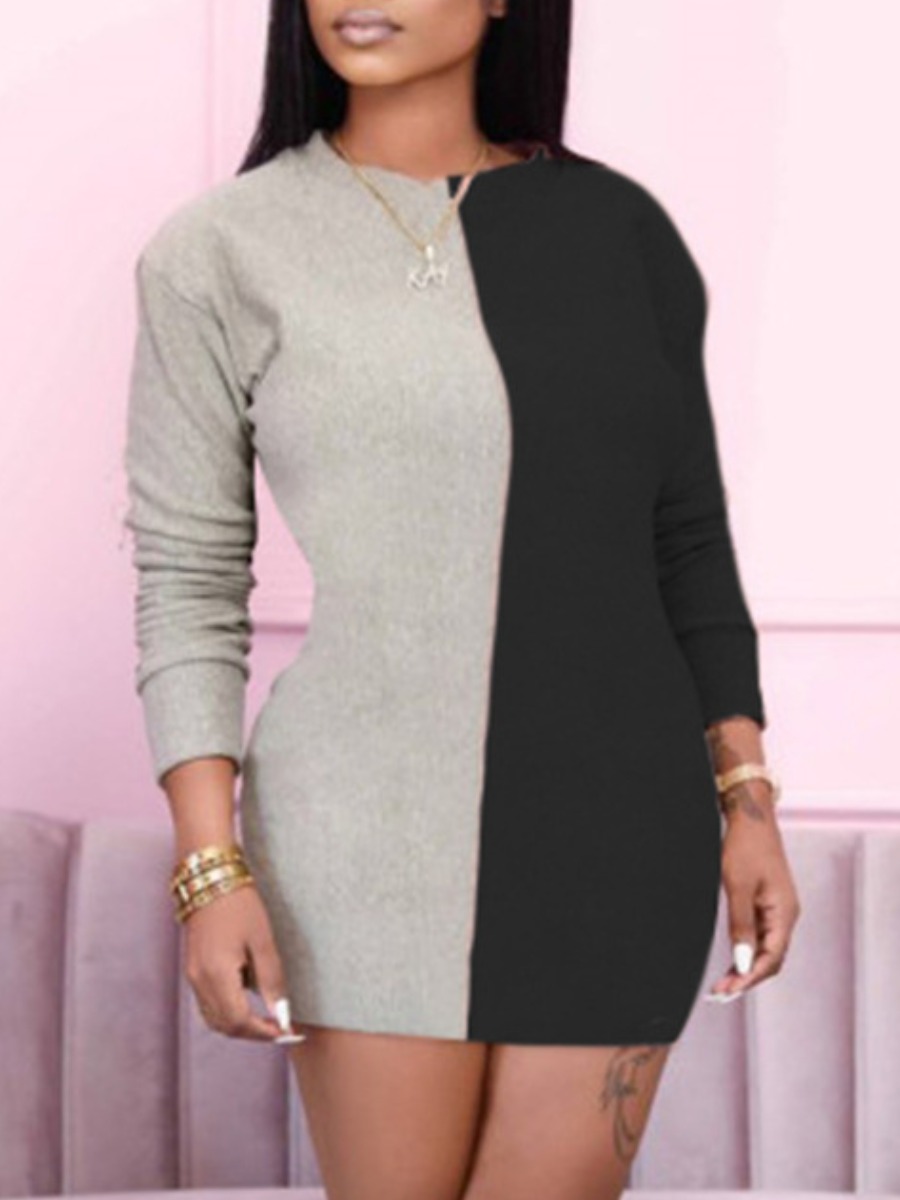 

lovely Casual O Neck Patchwork Grey Mini Dress