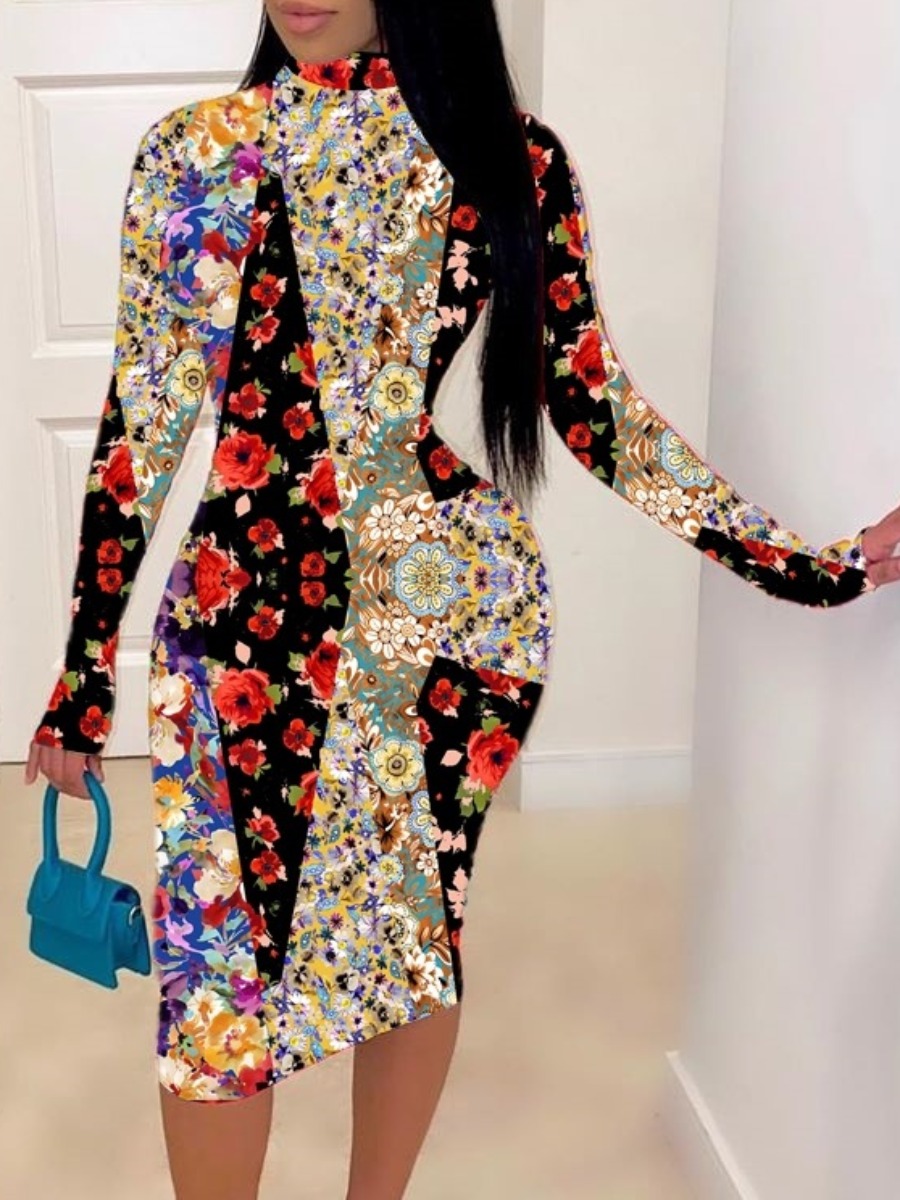 

lovely Stylish Floral Print Patchwork Multicolor Knee Length Dress, Multi
