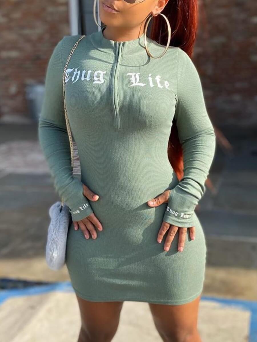 

Lovely Sportswear Letter Zipper Design Light Green Mini Dress