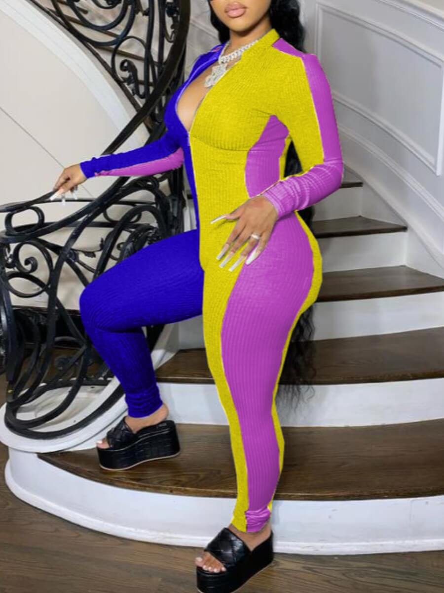 

lovely Sportswear Zipper Design Patchwork Yellow One-piece Jumpsuit