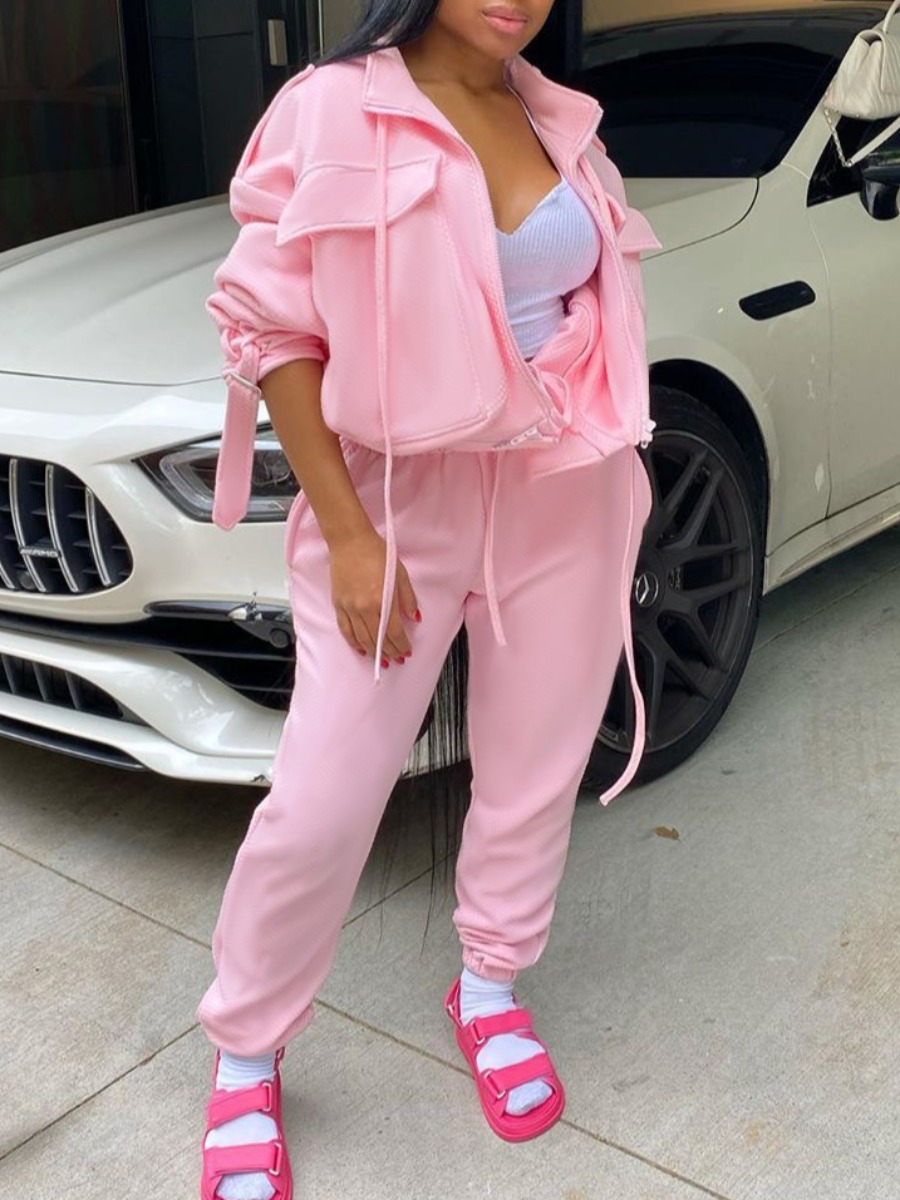 

lovely Sportswear Turndown Collar Pocket Patched Pink Two Piece Pants Set