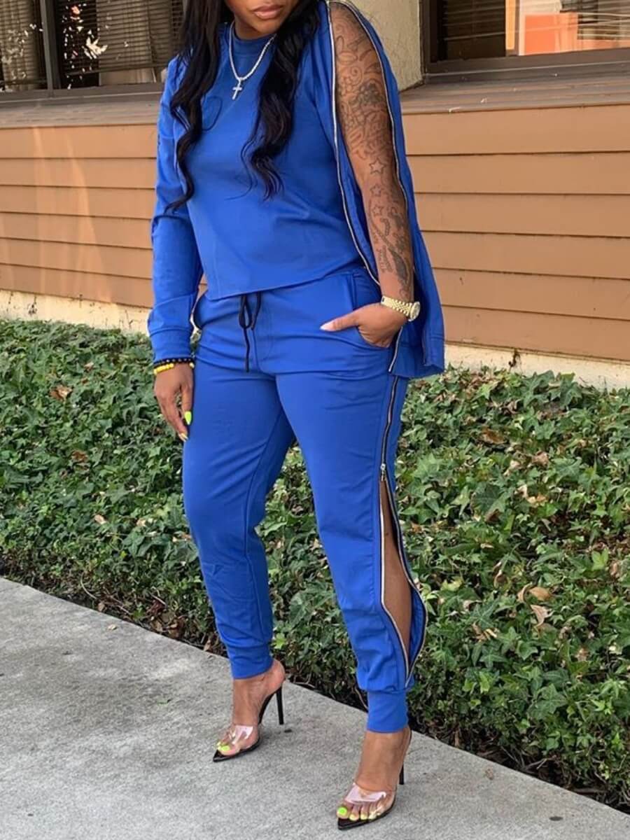 

Lovely Casual O Neck Zipper Design Blue Two Piece Pants Set