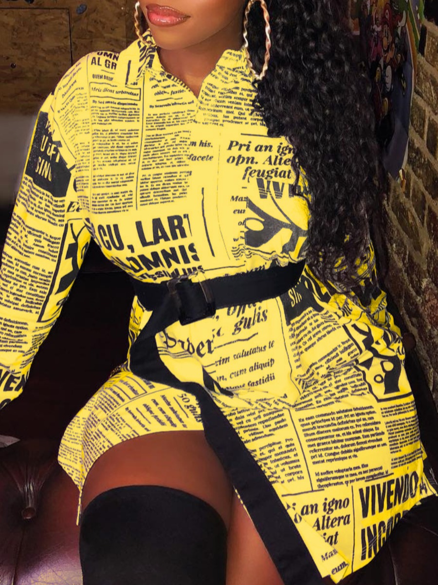 

lovely Casual Turndown Collar Letter Print Yellow Long Coat