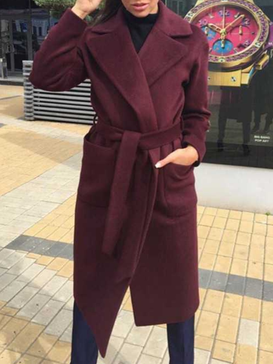

lovely Casual Turndown Collar Pocket Patched Red Long Wool