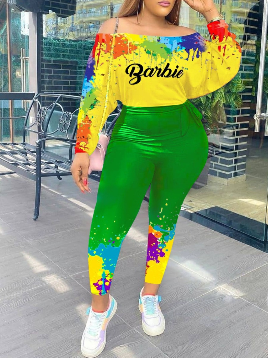 

lovely Street Graffiti Print Yellow Plus Size Two-piece Pants Set