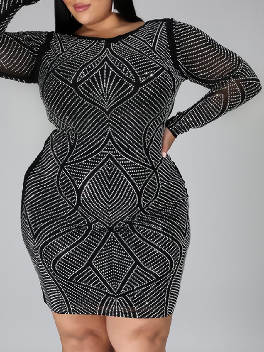 

lovely Trendy O Neck Hot Drilling Decorative Black Mini Plus Size Dress