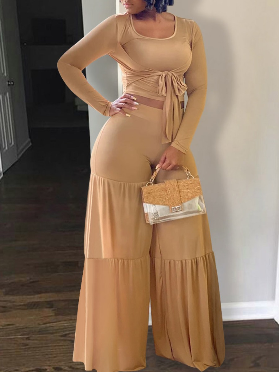 

lovely Leisure U Neck Fold Design Apricot Two Piece Pants Set