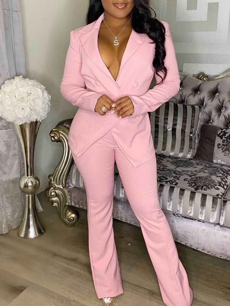

Lovely Stylish Turn-back Collar Buttons Design Pink Two Piece Pants Set