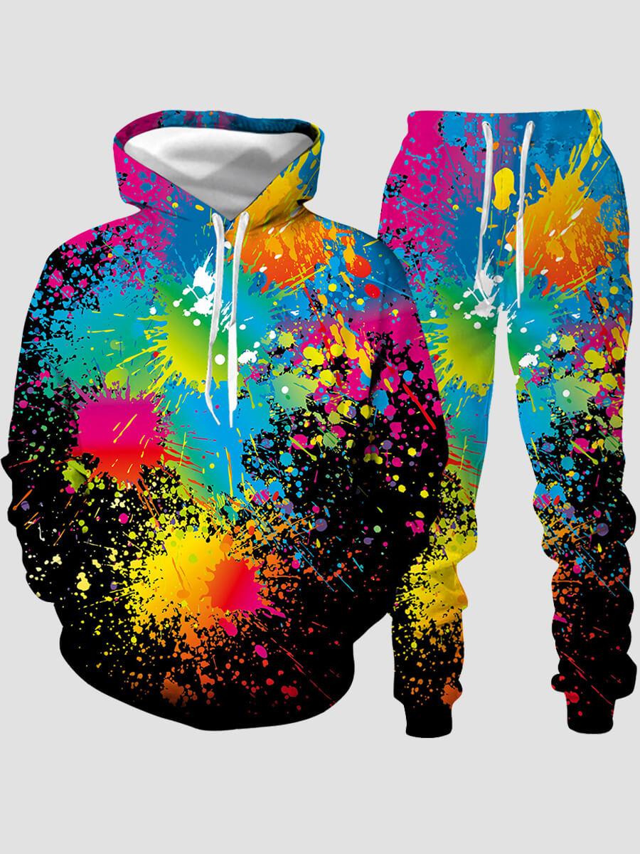 

LW Men Hooded Collar Graffiti Print Multicolor Oversized Pants Set, Multi