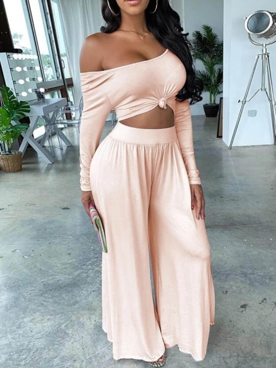 

Lovely Casual Off The Shoulder Pink Plus Size Two-piece Pants Set