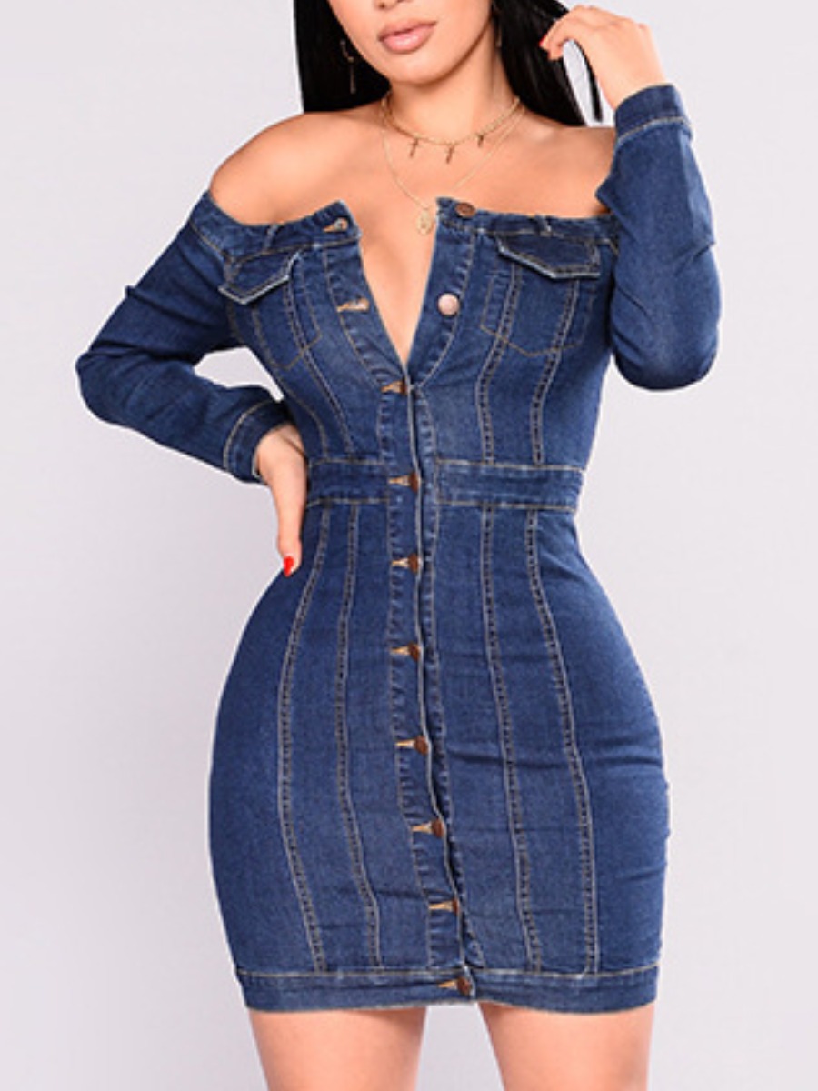 

lovely Trendy Dew Shoulder Buttons Design Deep Blue Mini Denim Dress