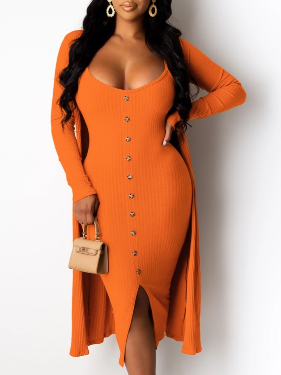 

lovely Trendy Spaghetti Strap Buttons Design Orange Mid Calf Dress(With Coat
