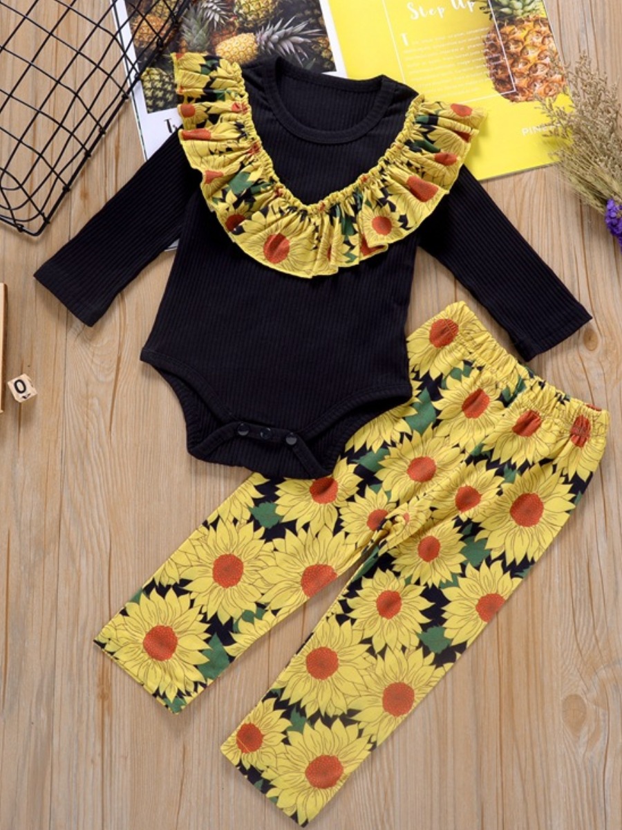 

lovely Trendy O Neck Floral Print Black Girl Two-piece Pants Set