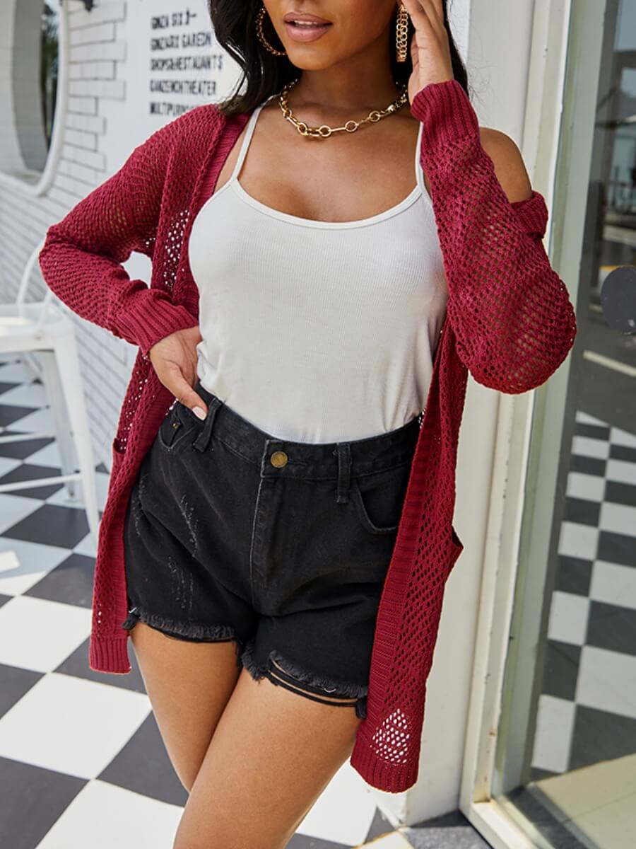 

Lovely Leisure Hooded Collar Hollow-out Wine Red Cardigan