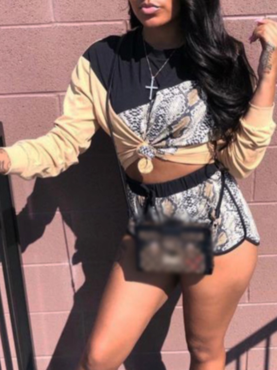 

lovely Trendy O Neck Snakeskin Print Patchwork Two Piece Short Set, Python