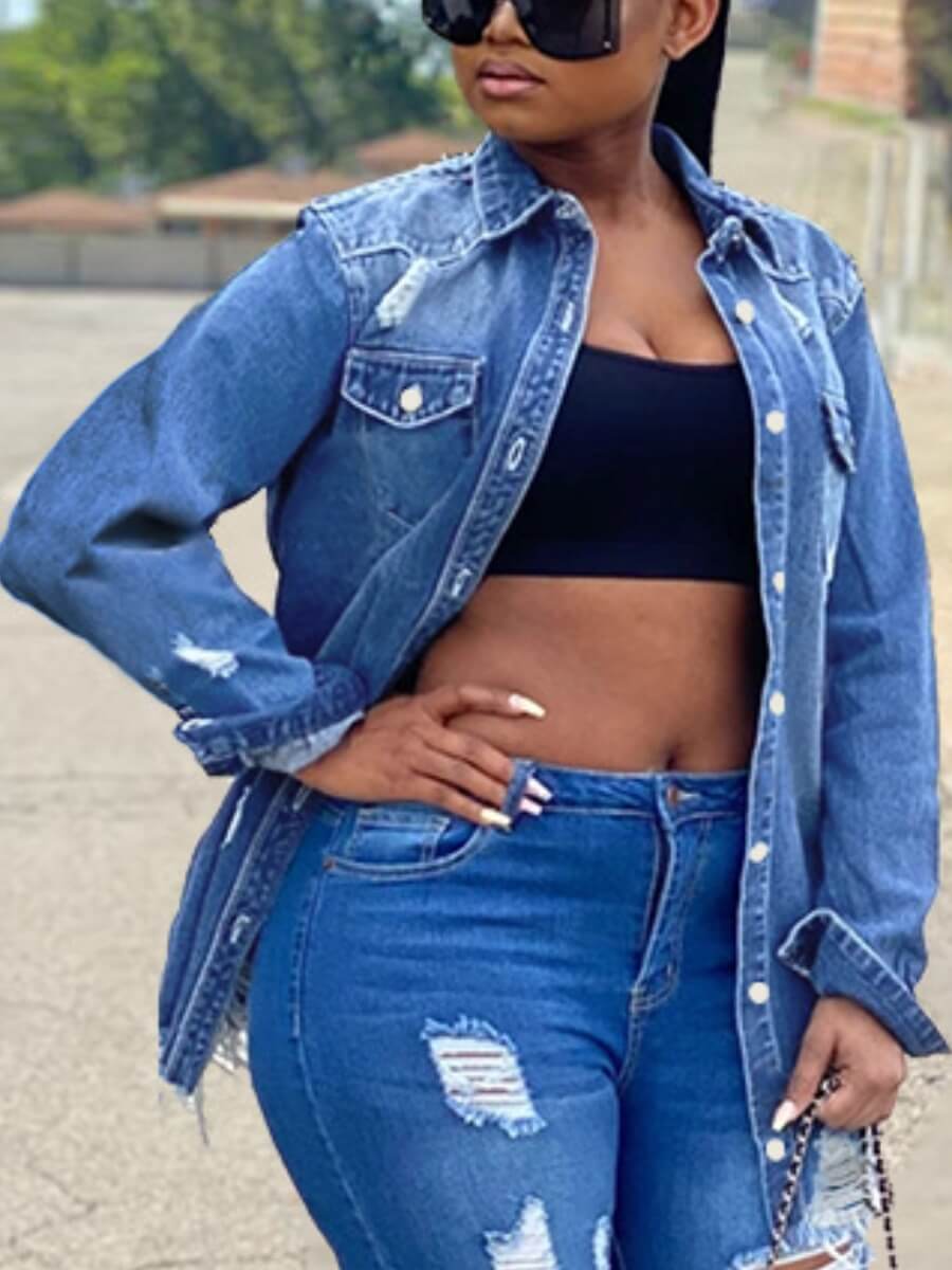 

Lovely Trendy Turndown Collar Broken Holes Deep Blue Denim Jacket