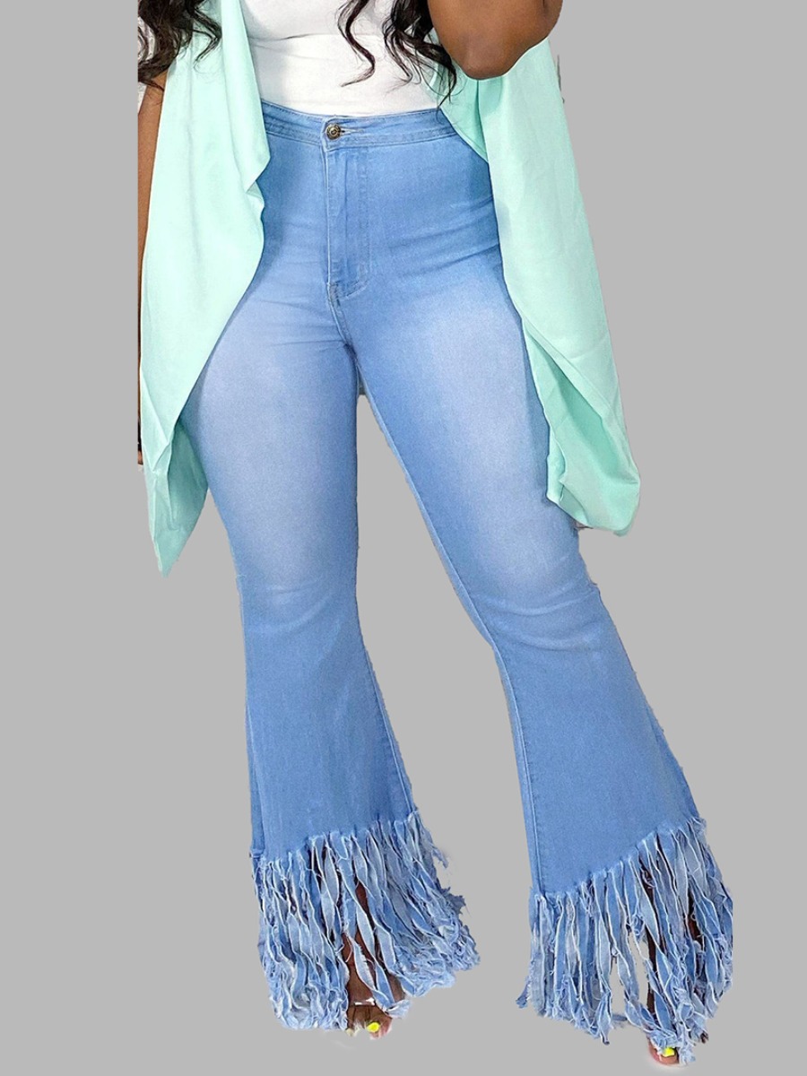 

lovely Street Tassel Design Baby Blue Jeans