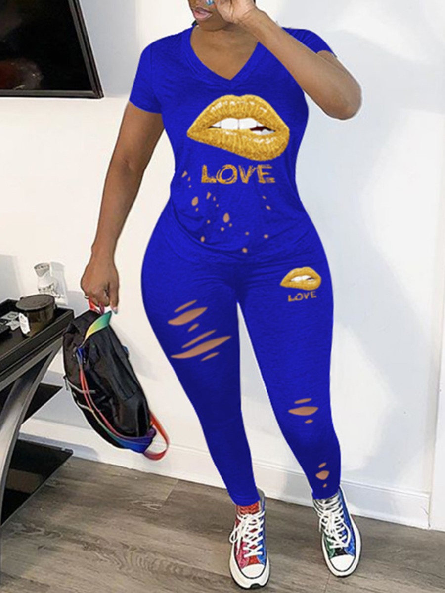 

lovely Leisure Lip Print Blue Plus Size Two-piece Pants Set