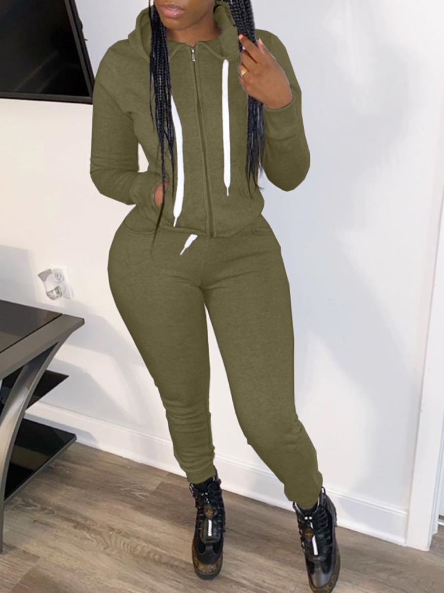 

Lovely Casual Hooded Collar Zipper Design Green Two Piece Pants Set