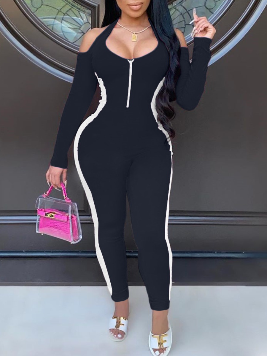 

lovely Street Hollow-out Zipper Design Black One-piece Jumpsuit