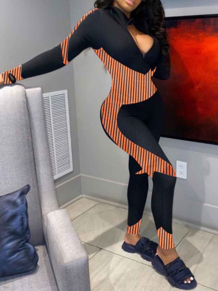 

Lovely Sportswear Patchwork Zipper Design Orange One-piece Jumpsuit
